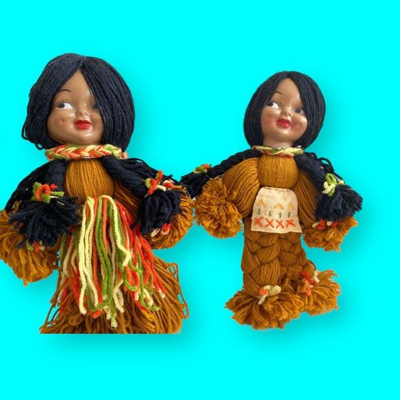 Yarn Dolls Native American, Braided Black Hair, Multicolor Clothes 15” Vtg - Picture 9 of 11